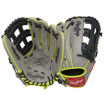 Vist Large View of Product Image Which is New Rawlings SELECT PRO LITE SERIES AARON JUDGE BB/SB Glove RH Throw Grey And Black 12"