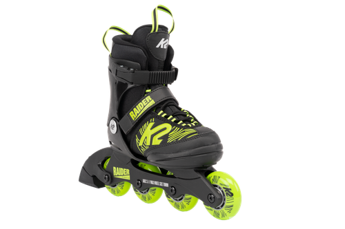 Vist Large View of Product Image Which is A great first pair of skates for the kids! The Raider has a flashy new look and all the features needed to have a blast on wheels. The vibration absorbing composite frame is interlocked with the base, keeping children more balanced by being lower to the ground. The familiar Traditional lacing allows them lace up on their own while the Stability Plus Cuff provides a secure fit with ample support for that extra confidence boost. Also a great value for parents, the Raider has five full sizes of adjustability, keeping these skates in use for more than one season.