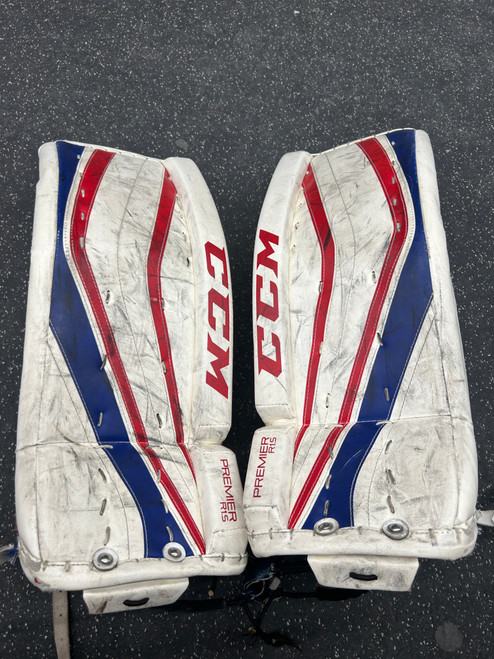 Vist Large View of Product Image Which is Used CCM PREMIER R1.5 Goalie Leg Pads Junior Navy Blue And Red 26"