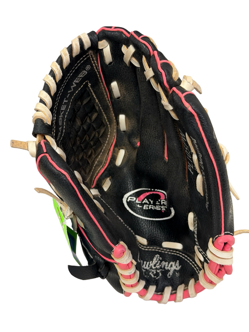 Vist Large View of Product Image Which is Used Rawlings PL105PW Youth Fastpitch Softball Glove RH Throw Black / Pink 10 1/2"