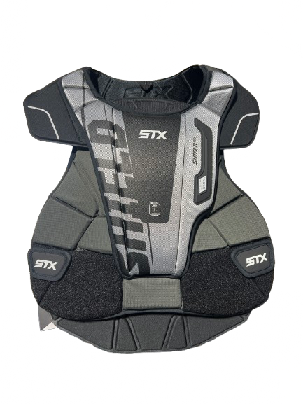 Vist Large View of Product Image Which is Used STX STX SHIELD 400 GOALIE CHEST PAD LG Lacrosse Shoulder Pads Black And Silver LG