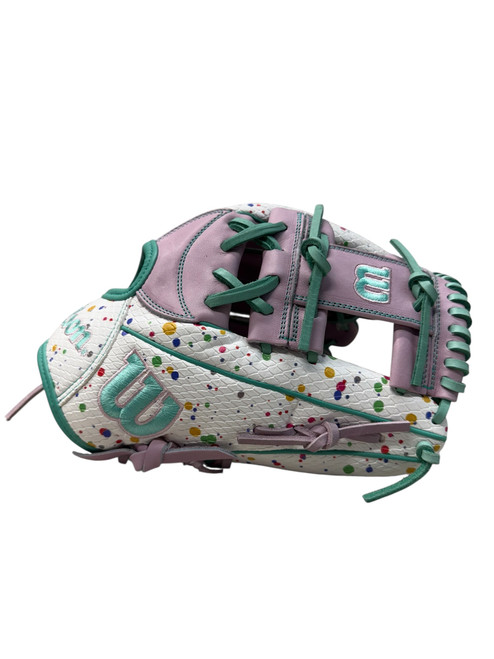 Vist Large View of Product Image Which is New Wilson A2000 H12 12” RH Throw Fastpitch Glove - White/Pink/Teal