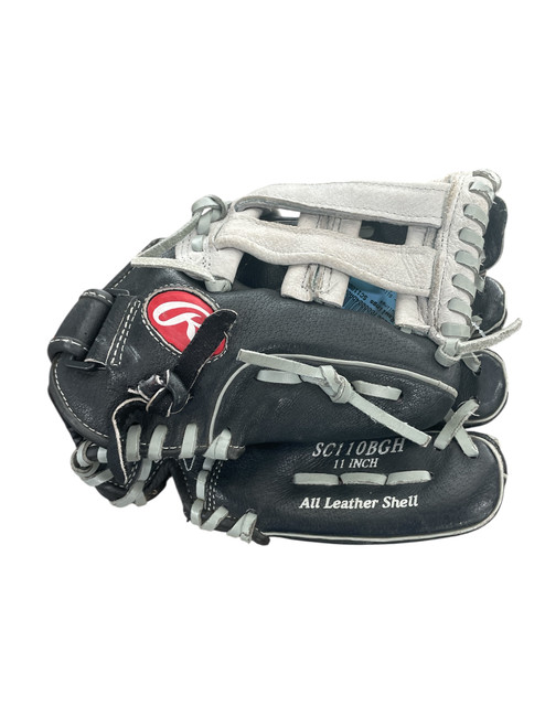 Vist Large View of Product Image Which is Used Rawlings SC110BGH BB/SB Glove RH Throw Silver And Black 11"