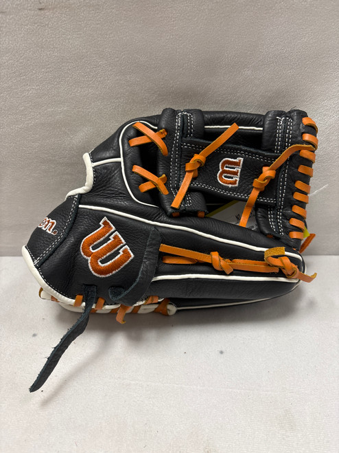 Vist Large View of Product Image Which is Used Wilson A550 BB/SB Glove RH Throw Black/Orange/White 11 1/2"