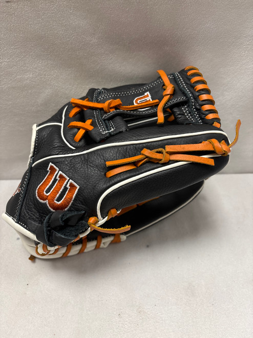 Vist Large View of Product Image Which is Used Wilson A550 BB/SB Glove RH Throw Black/Orange/White 11 1/2"