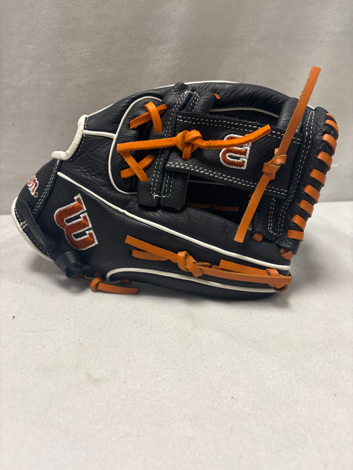 Vist Large View of Product Image Which is Used Wilson A550 BB/SB Glove RH Throw Black/Orange/White 11 1/2"