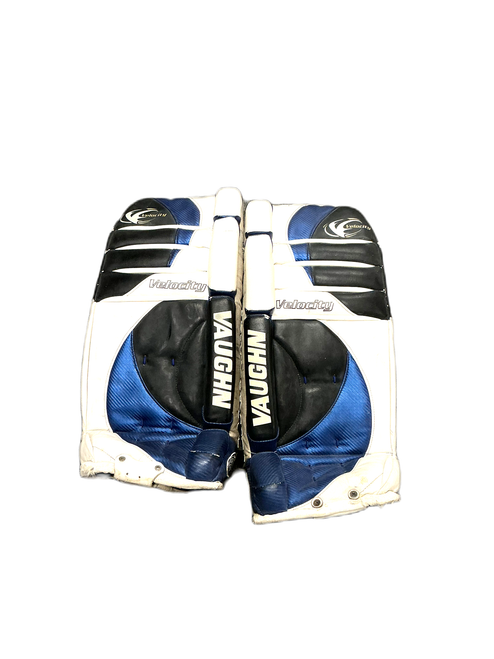 Vist Large View of Product Image Which is Used Vaughn VELOCITY Goalie Leg Pads Junior Black And Navy Blue 29"