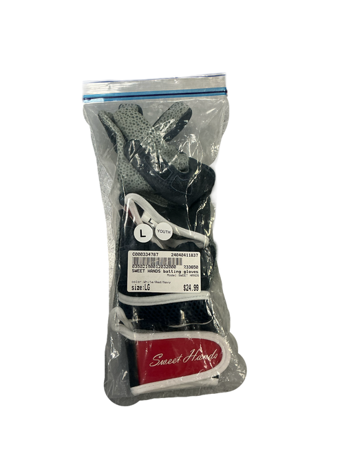 Vist Large View of Product Image Which is Used SWEET HANDS BB/SB Batting Gloves White/Red/Navy LG