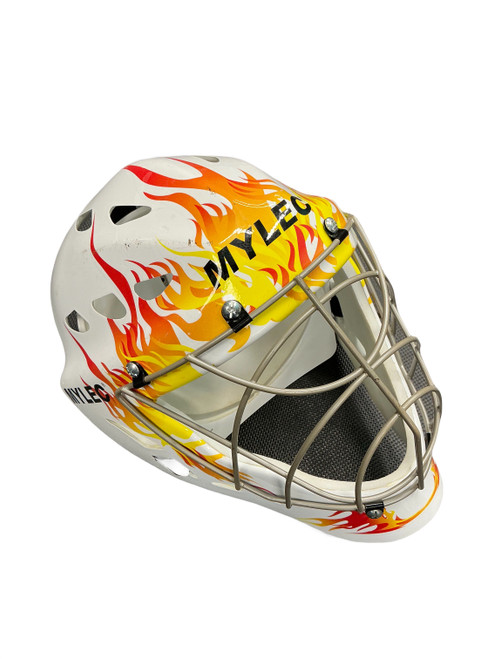 Vist Large View of Product Image Which is Used Mylec FLAME St Hcky Goalie Helmet Yth Yellow And White SM