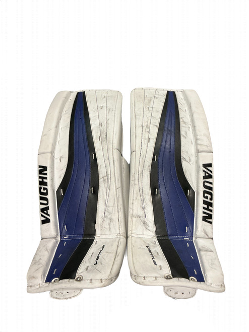 Vist Large View of Product Image Which is Used Vaughn SLR JR Goalie Leg Pads Junior White/Black/Royal 28"