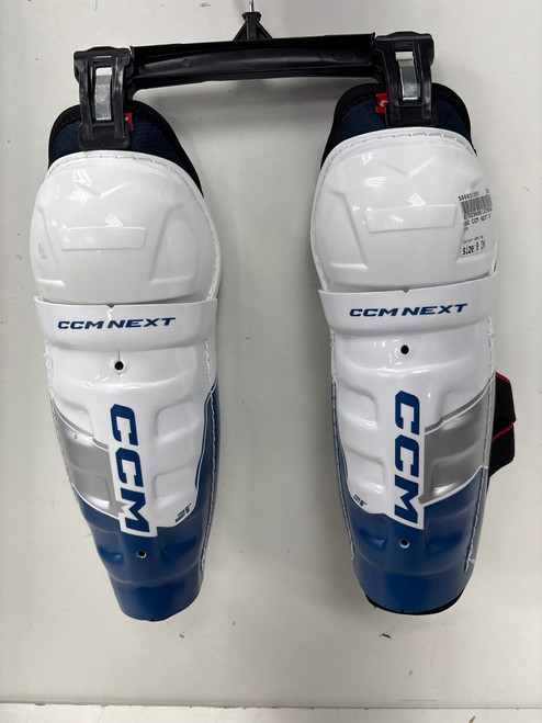 Vist Large View of Product Image Which is Used CCM NEXT Youth Shin Guards White 8"