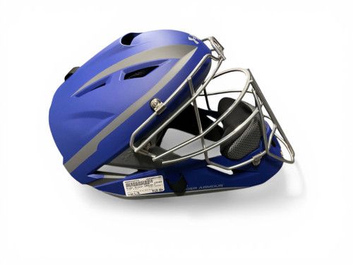 Vist Large View of Product Image Which is Used Under Armour UAHG3A-1 Catchers Helmet w/Mask Royal Blue And Grey L/XL