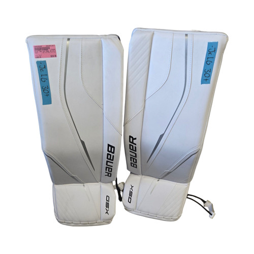 Vist Large View of Product Image Which is Used Bauer GSX LEG PADS JR LG 30+ Goalie Leg Pads Junior White LG