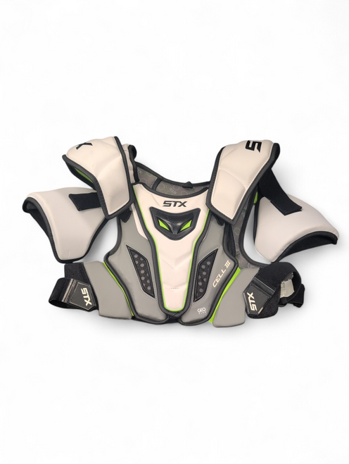 Vist Large View of Product Image Which is Used STX CELL III GEO FLEX Lacrosse Shoulder Pads White LG