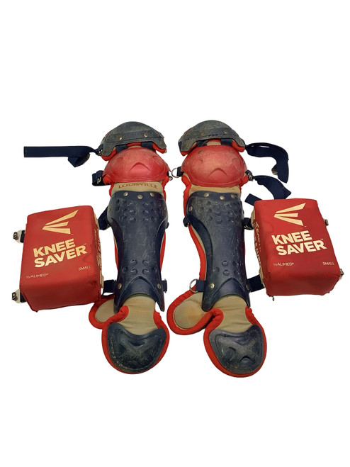 Vist Large View of Product Image Which is Used Louisville Slugger RED AND NAVY SHIN GAURDS Catchers Leg Guards Navy Blue And Red Youth