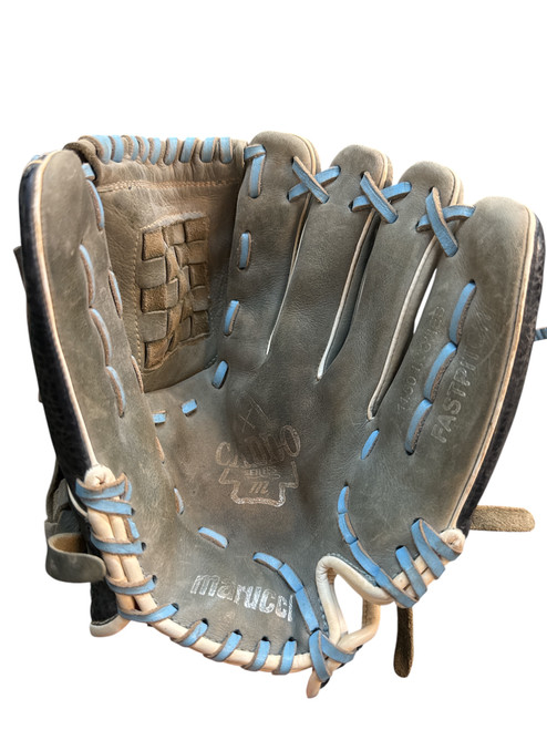 Vist Large View of Product Image Which is Used Marucci CADDO SERIES RH Throw Fastpitch Gloves Grey 11 1/2"
