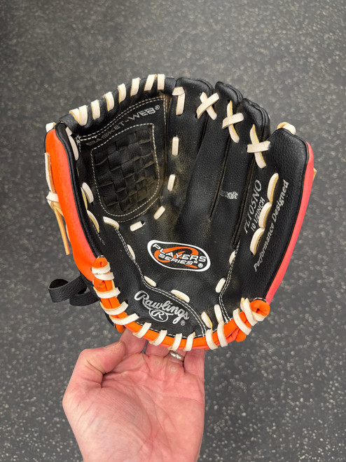 Vist Large View of Product Image Which is Used Rawlings PL105NO BB/SB Glove RH Throw Orange 10 1/2"