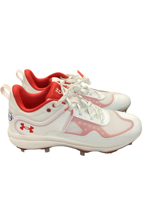 Vist Large View of Product Image Which is Used Under Armour CHARGE RED/WHITE 8.5 BB/SB Cleats White And Red Senior 8.5