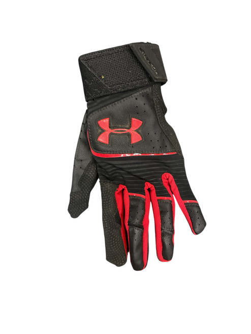 Vist Large View of Product Image Which is Used Under Armour CLEAN UP YTH SM BB/SB Batting Gloves Black And Red SM