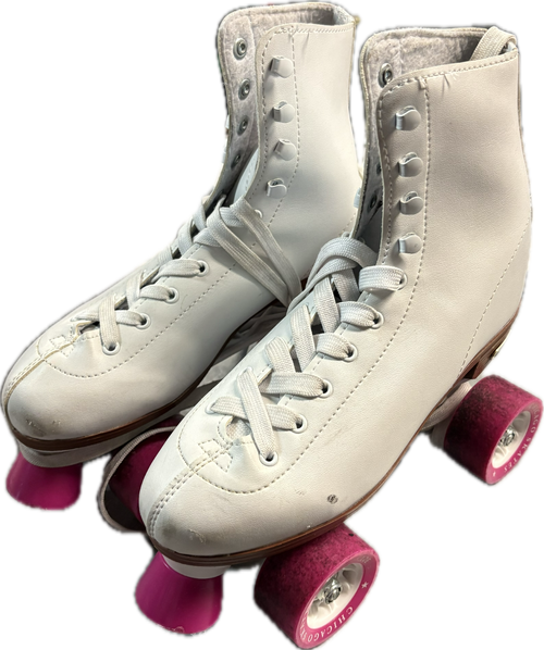 Vist Large View of Product Image Which is Used Chicago WHT/PNK Senior Roller Quad Skates White Senior 7