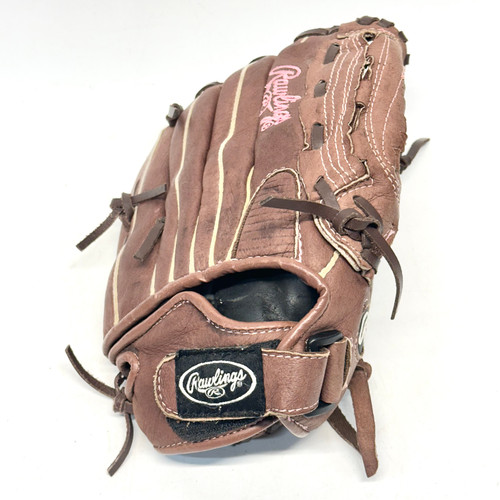Vist Large View of Product Image Which is Used Rawlings FP120PC RH Throw Fastpitch Gloves Brown 12"