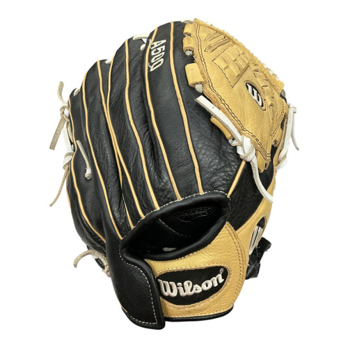 Vist Large View of Product Image Which is Used Wilson A500 SIREN RH Throw Fastpitch Gloves Black And Tan 12 1/2"