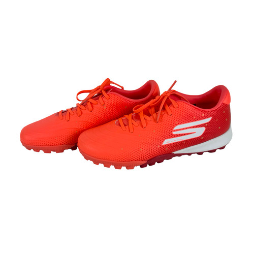 Vist Large View of Product Image Which is Used Sketchers SKX Soccer Turf Shoes Neon Orange Men's 6.5
