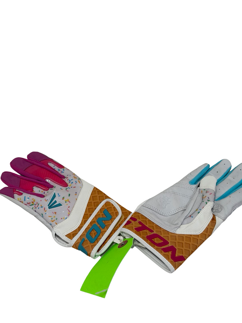 Vist Large View of Product Image Which is Used Easton WALK OFF ETHOS SUGAR RUSH Youth Batting Gloves White LG