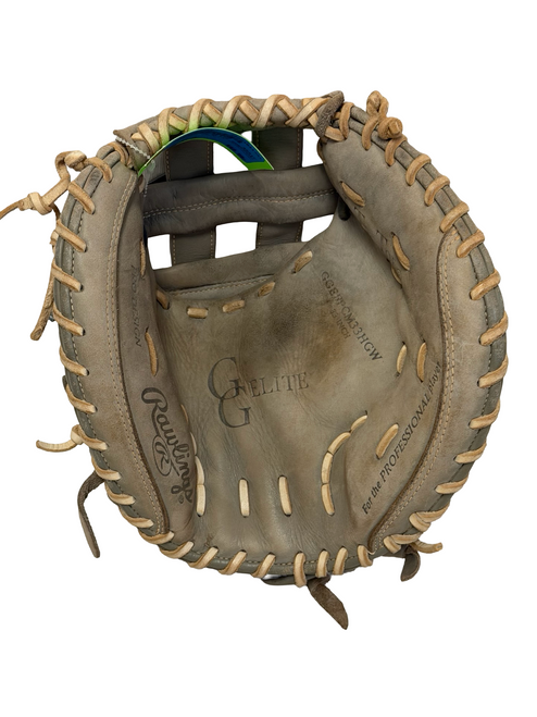 Vist Large View of Product Image Which is Used Rawlings GG ELITE GGEFPCM33HGW Leather Fastpitch Softball Catchers Mitt RH Throw Grey 33"