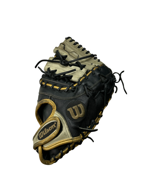 Vist Large View of Product Image Which is Used Wilson A2000 FP1B RHT 1ST MITT BB/SB First Base RH Throw Black And Gold 12"