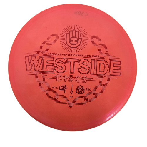Vist Large View of Product Image Which is Used Westside HANDEYE VIP ICE CHAMELEON HARP Disc Golf Mid Range Red