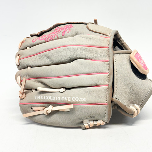 Vist Large View of Product Image Which is Used Rawlings SCSB105P RH Throw Fastpitch Gloves Grey And Pink 10 1/2"
