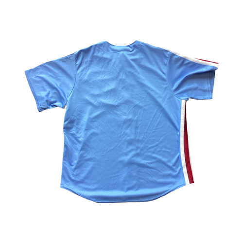 Vist Large View of Product Image Which is Used Majestic PHILADELPHIA PHILLIES COOPERSTOWN MAJEST BB/SB Jersey Carolina Blue XL