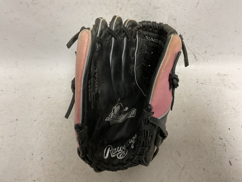 Vist Large View of Product Image Which is Used Rawlings FP1178 LH Throw Fastpitch Gloves Black And Pink 11 3/4"