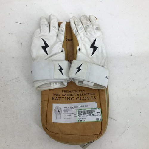 Vist Large View of Product Image Which is Used BRUCE BOLT LONG CUFF YTH LG BATTING GLOV BB/SB Batting Gloves White LG