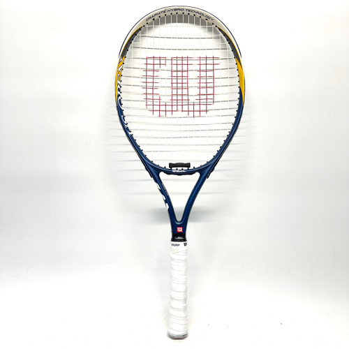 Vist Large View of Product Image Which is Used Wilson US OPEN Adult Tennis Racquet Navy Blue 4 1/4"