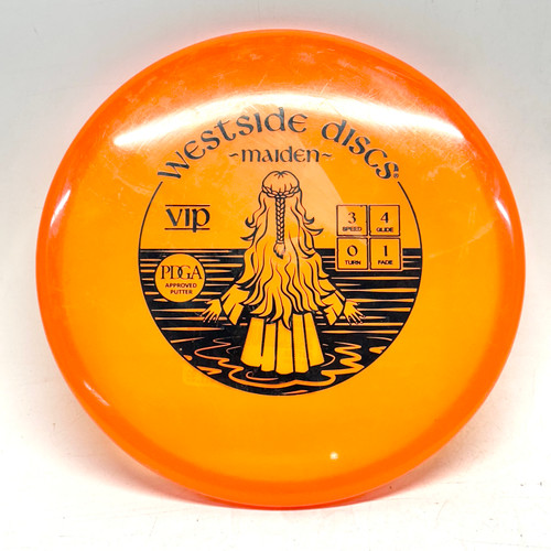 Vist Large View of Product Image Which is Used Westside VIP MAIDEN Disc Golf Putter Orange 176g