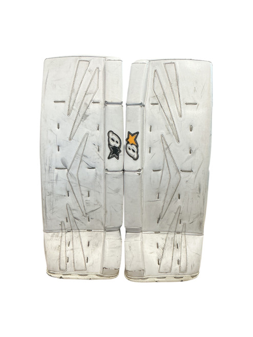 Vist Large View of Product Image Which is Used Brians NETZERO Goalie Leg Pads Junior White 27"