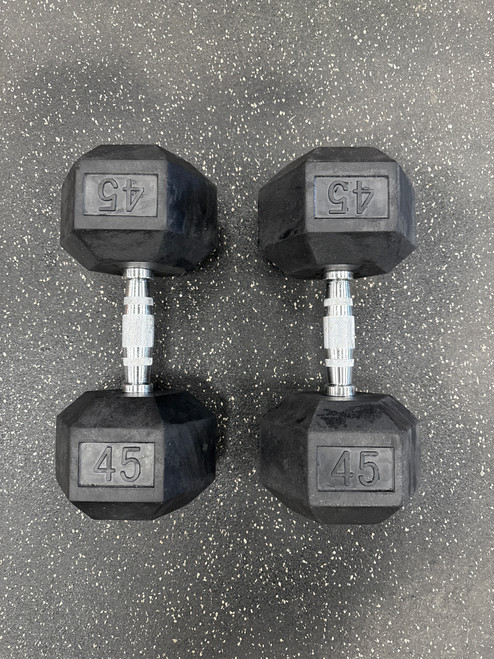 Vist Large View of Product Image Which is New Rubber Hex Dumbbell Pair 45 lb