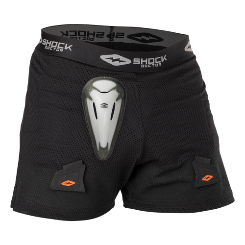 Vist Large View of Product Image Which is The Shock Doctor Core Loose Hockey Short with Bio-Flex Cup has a loose fit design with super ventilated mesh fabric for superior comfort and protection. An integrated cup pocket strap secures cup pocket to short for less movement, and the Bio-Flex Cup with gel perimeter provides superior comfort and protection.