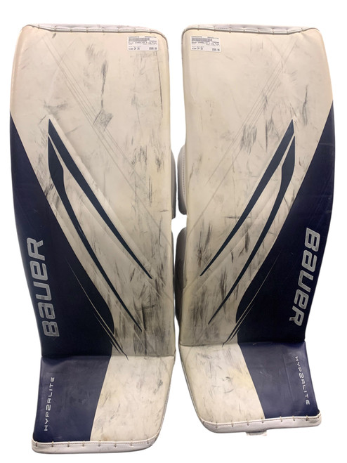 Vist Large View of Product Image Which is Used Bauer HYPERLITE 2 Goalie Leg Pads Senior White/Navy Blue 34+1”