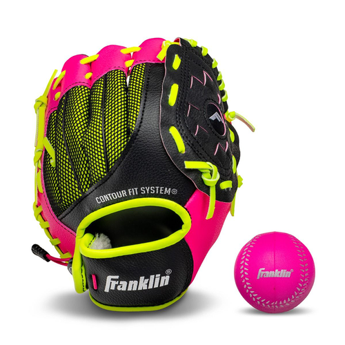 Vist Large View of Product Image Which is New Franklin Neo-Grip Tee Ball Fielding Glove Pink/Yellow- 9" Left Hand Throw