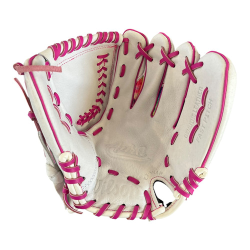 Vist Large View of Product Image Which is Used Wilson AURA LH Throw Fastpitch Gloves Pink 11"