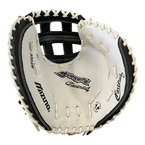 Vist Large View of Product Image Which is Used Mizuno SUPREME GSP335BW BB/SB Catchers RH Throw White 33"
