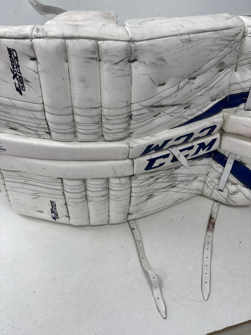 Vist Large View of Product Image Which is Used CCM EXTREME FLEX PRO Goalie Leg Pads Senior White And Royal Blue 33"