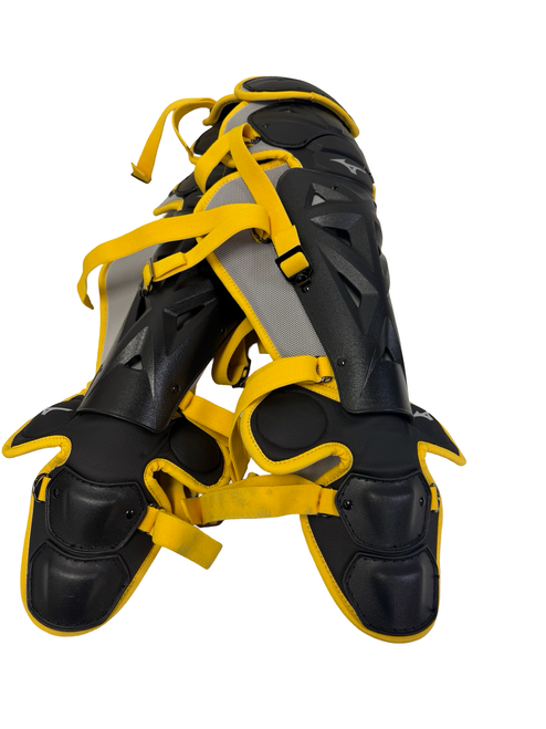 Vist Large View of Product Image Which is Used Mizuno SAMURAI 15.5" Adult Baseball Catchers Leg Guards Black / Yellow - Like New