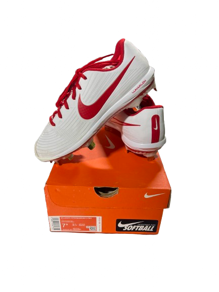 Vist Large View of Product Image Which is Used Nike LUNARLON SOFTBALL CLEAT BB/SB Cleats Cardinal And White Senior 7.5