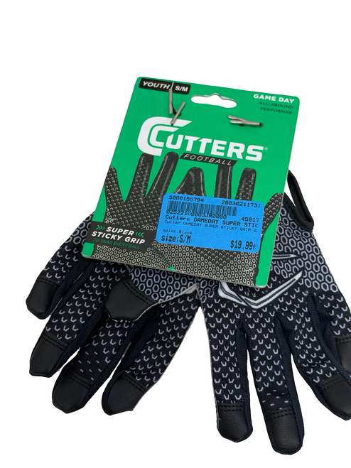 Vist Large View of Product Image Which is New Cutters GAME DAY Youth Football Gloves Black S/M
