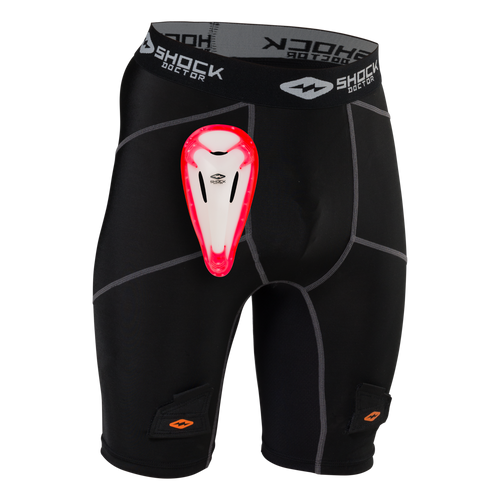 Vist Large View of Product Image Which is The Shock Doctor Core Compression Hockey Short with Bio-Flex Cup provides essential protection to skate with confidence. Four-way stretch compression provides a supportive fit, and the motion control cup system limits cup movement. The Bio-Flex Cup with gel perimeter provides superior comfort and protection.