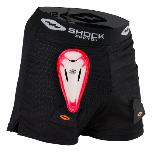 Vist Large View of Product Image Which is The Shock Doctor Core Loose Hockey Short with Bio-Flex Cup has a loose fit design with super ventilated mesh fabric for superior comfort and protection. An integrated cup pocket strap secures cup pocket to short for less movement, and the Bio-Flex Cup with gel perimeter provides superior comfort and protection.